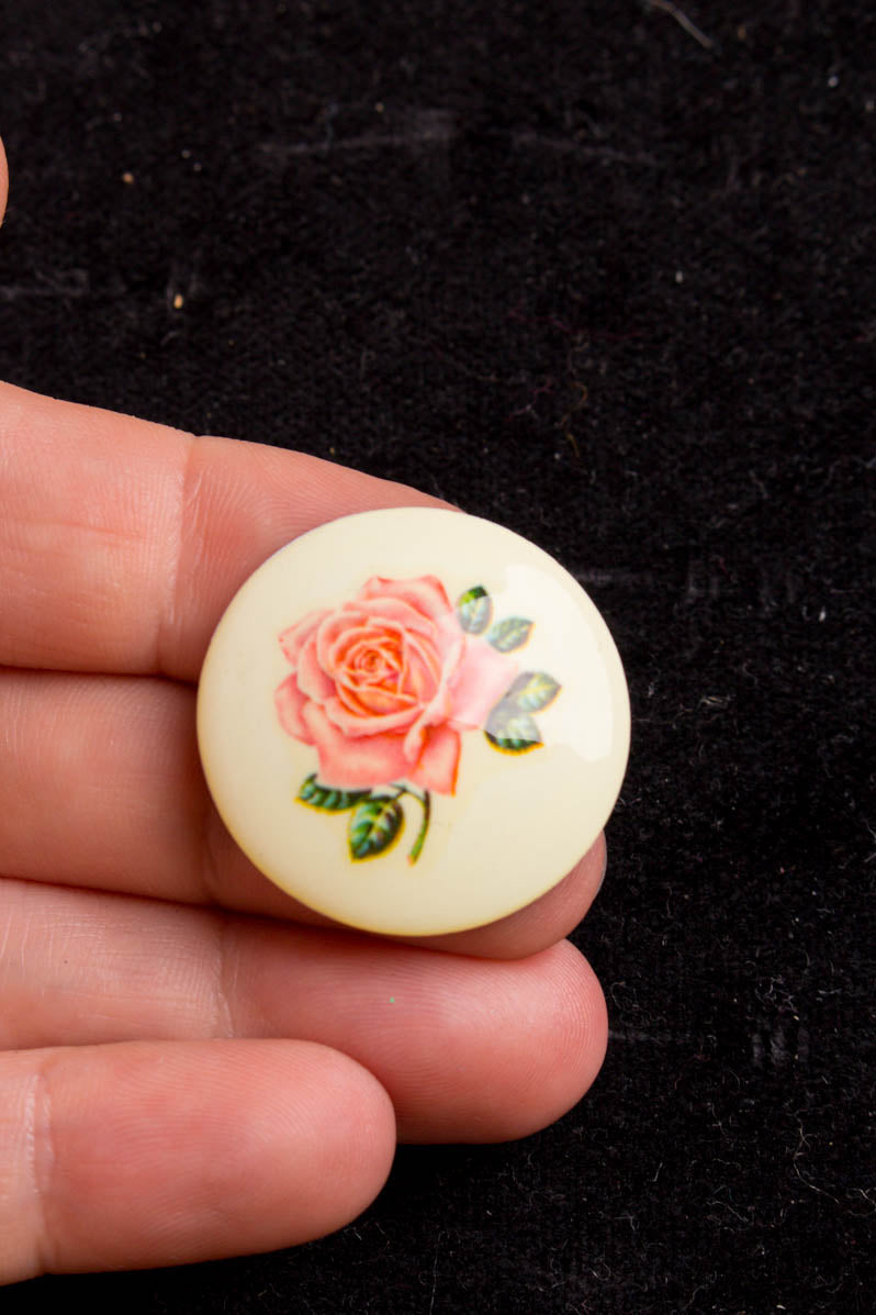 Vintage Brosche rund rosa Rose Blume