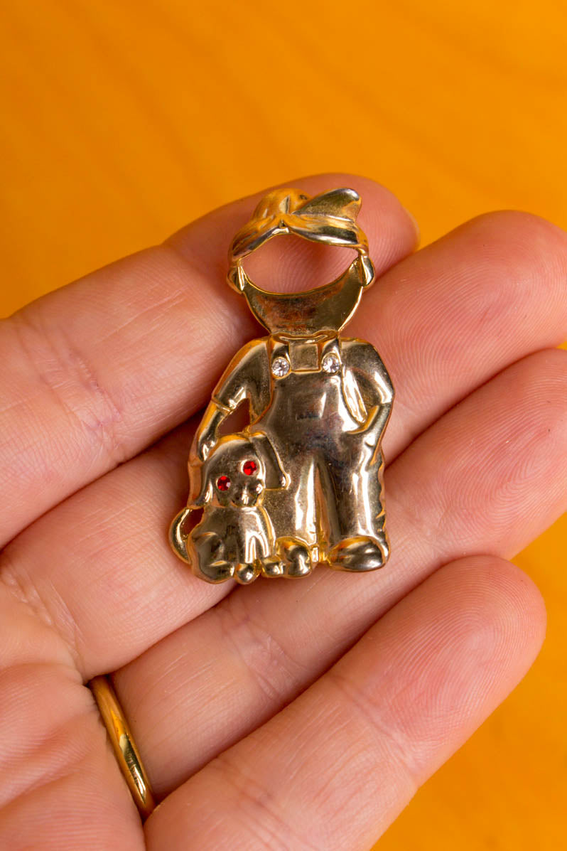 creepy Vintage Brosche Bauer mit Hund