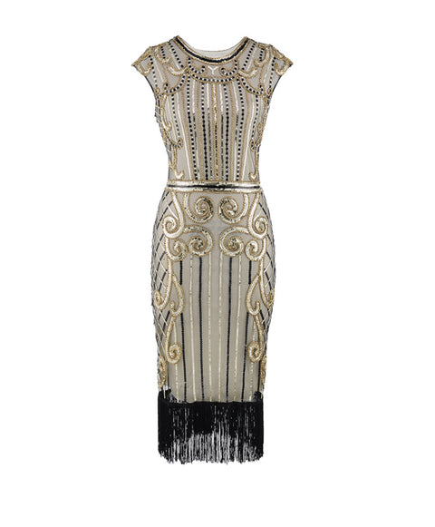 20er Jahre Charleston Kleid beige-gold 20er Abendmode beige Charleston Flapper&Charleston Frau gold L 44-46 M 40-42 S 36-38 schwarz XL 48-50 vintageberlin.de