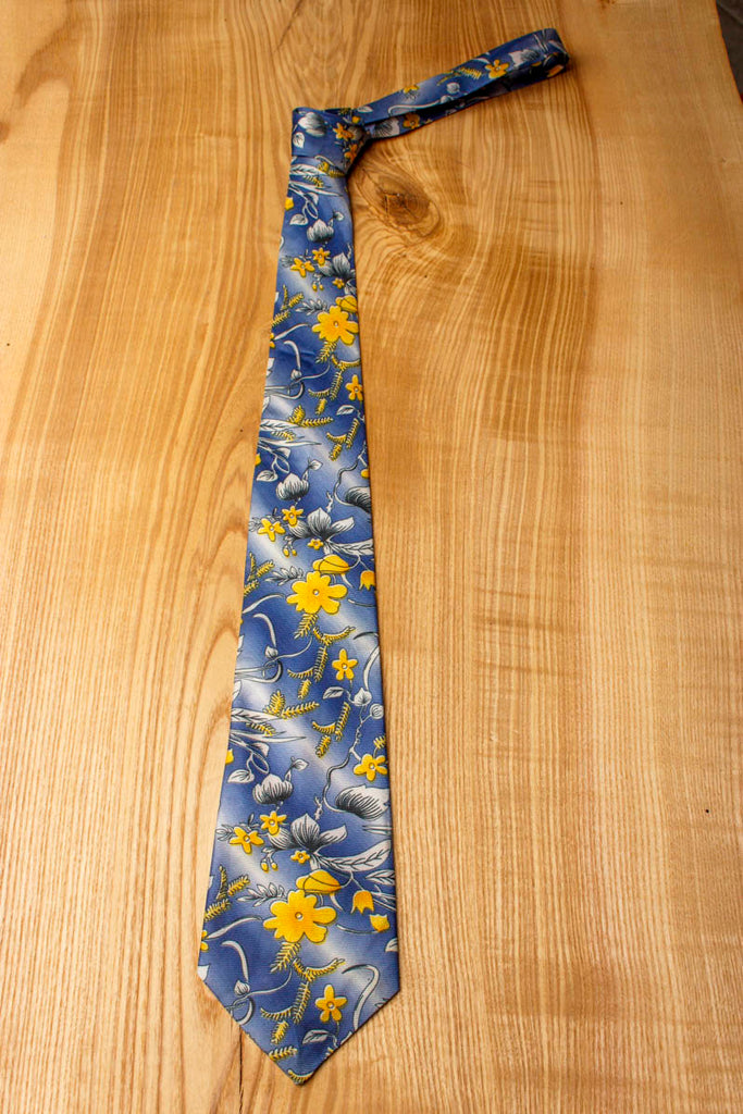 60er Jahre Schlips blau gelb Blumen 60er 70er Accessoires blau gelb Schlager vintageberlin.de
