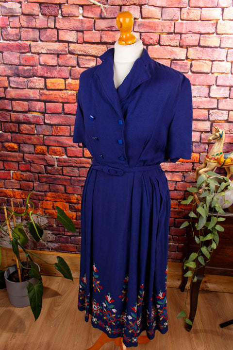 40s Kleid blau bestickt