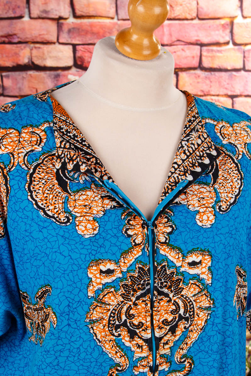 70s Loungekleid türkis Muster