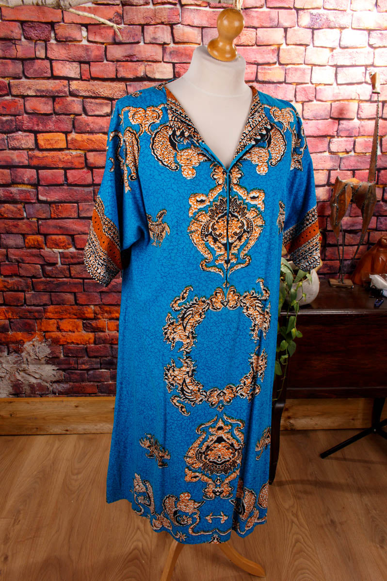 70s Loungekleid türkis Muster