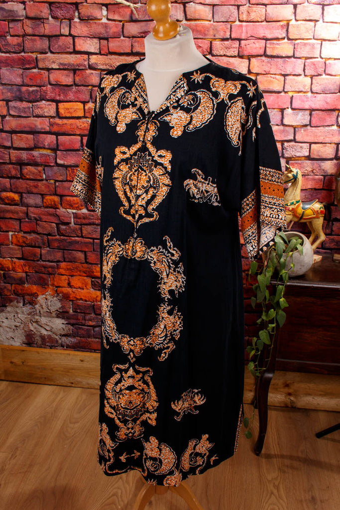 70s Loungekleid schwarz Muster Default Title 70er Boho bunt Disco Frau L 44-46 M 40-42 real-boho S 36-38 Schlager schwarz Special XL 48-50 vintageberlin.de