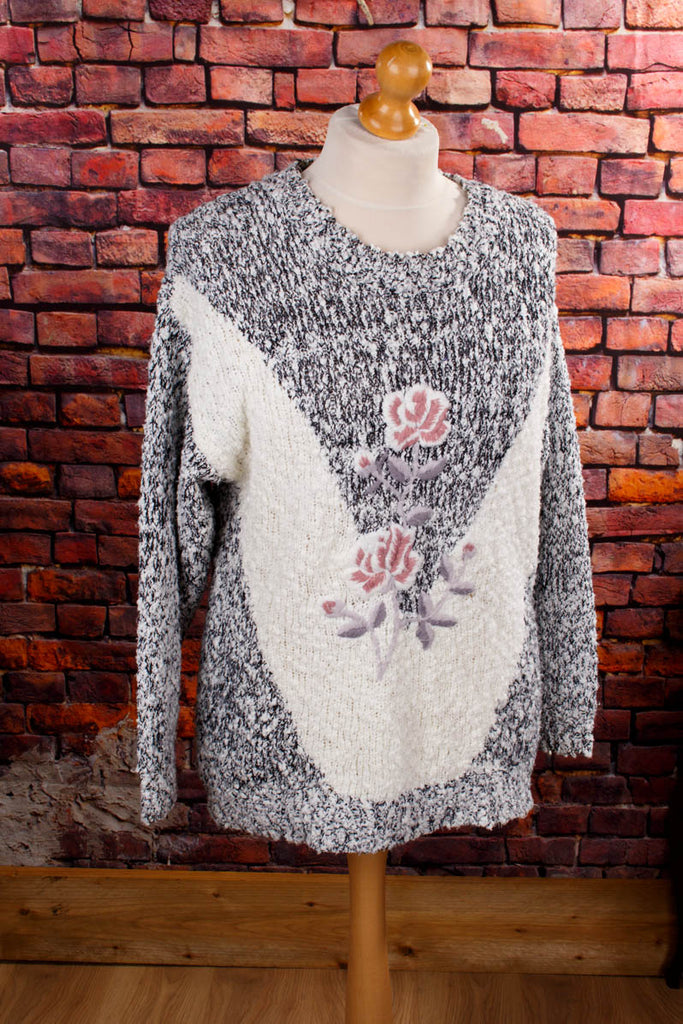 Strickpulli meliert mit Rose Default Title 80er 90er Frau grau L 44-46 M 40-42 vintageberlin.de
