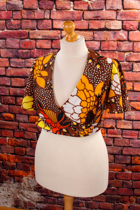 Hippie Wickeltop Blumenmuster Default Title 60er 70er Boho braun bunt Disco Frau Hippie M 40-42 real-boho real-disco Rockabilly S 36-38 Schlager Special vintageberlin.de