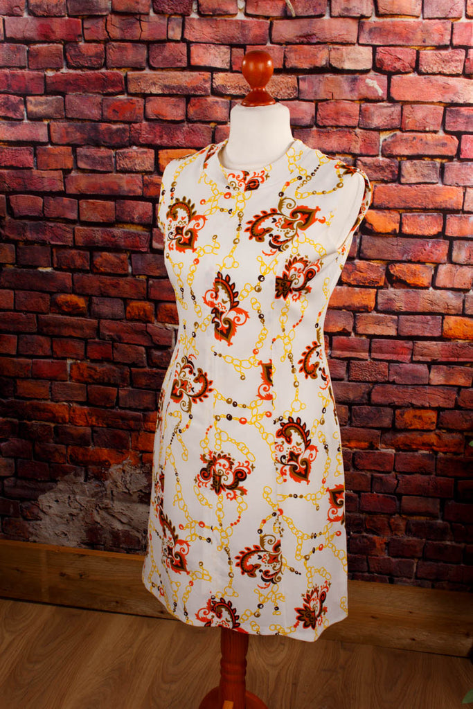 60s Disco Kleid beige bunt Muster Default Title 60er 70er bunt Disco Frau M 40-42 real-disco real-rockabilly Rockabilly Schlager Special vintageberlin.de