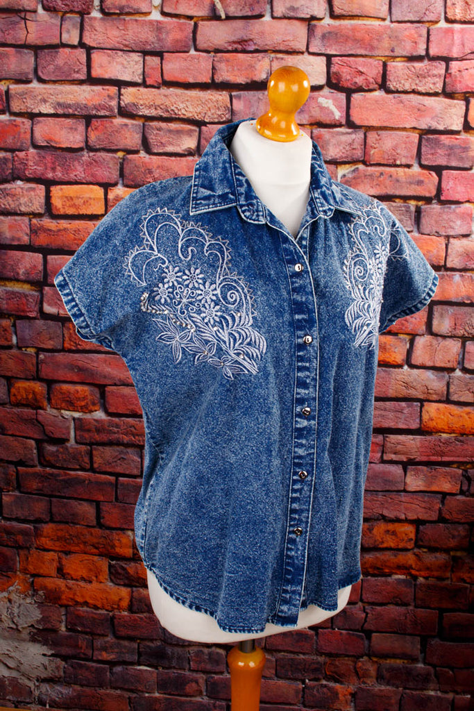 80s Jeans Bluse bestickt Default Title 80er blau Disco Frau M 40-42 Rockabilly Special vintageberlin.de