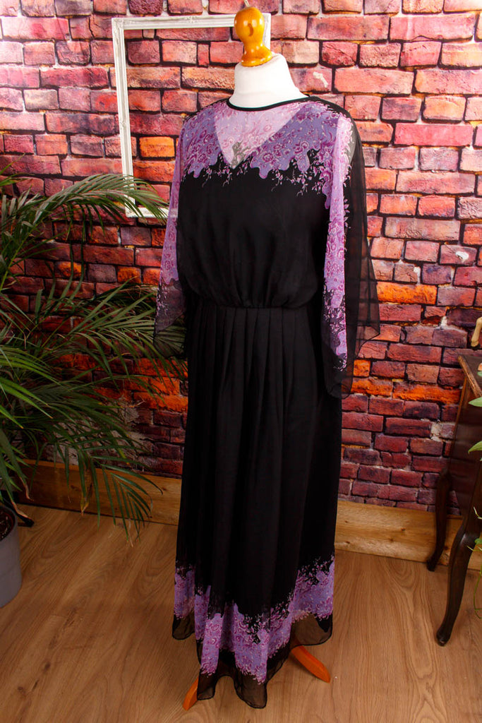 Chiffon Maxikleid schwarz lila Default Title 70er Abendmode Boho Frau Hippie lila M 40-42 real-boho Schlager schwarz Special vintageberlin.de