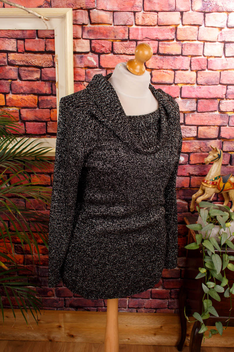 80s Glitzer Pulli schwarz silber Seide