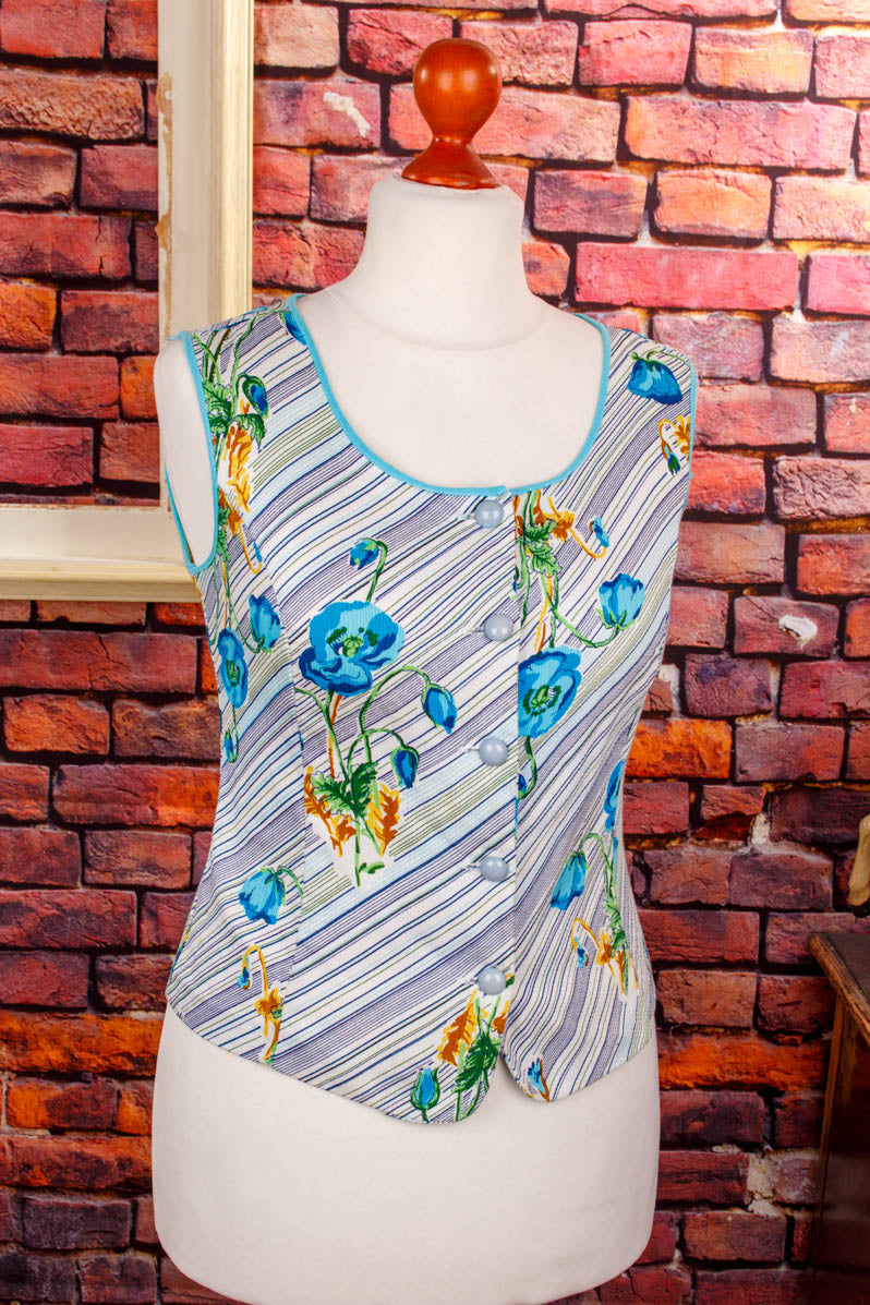 70s Top ärmellos türkis Blumen