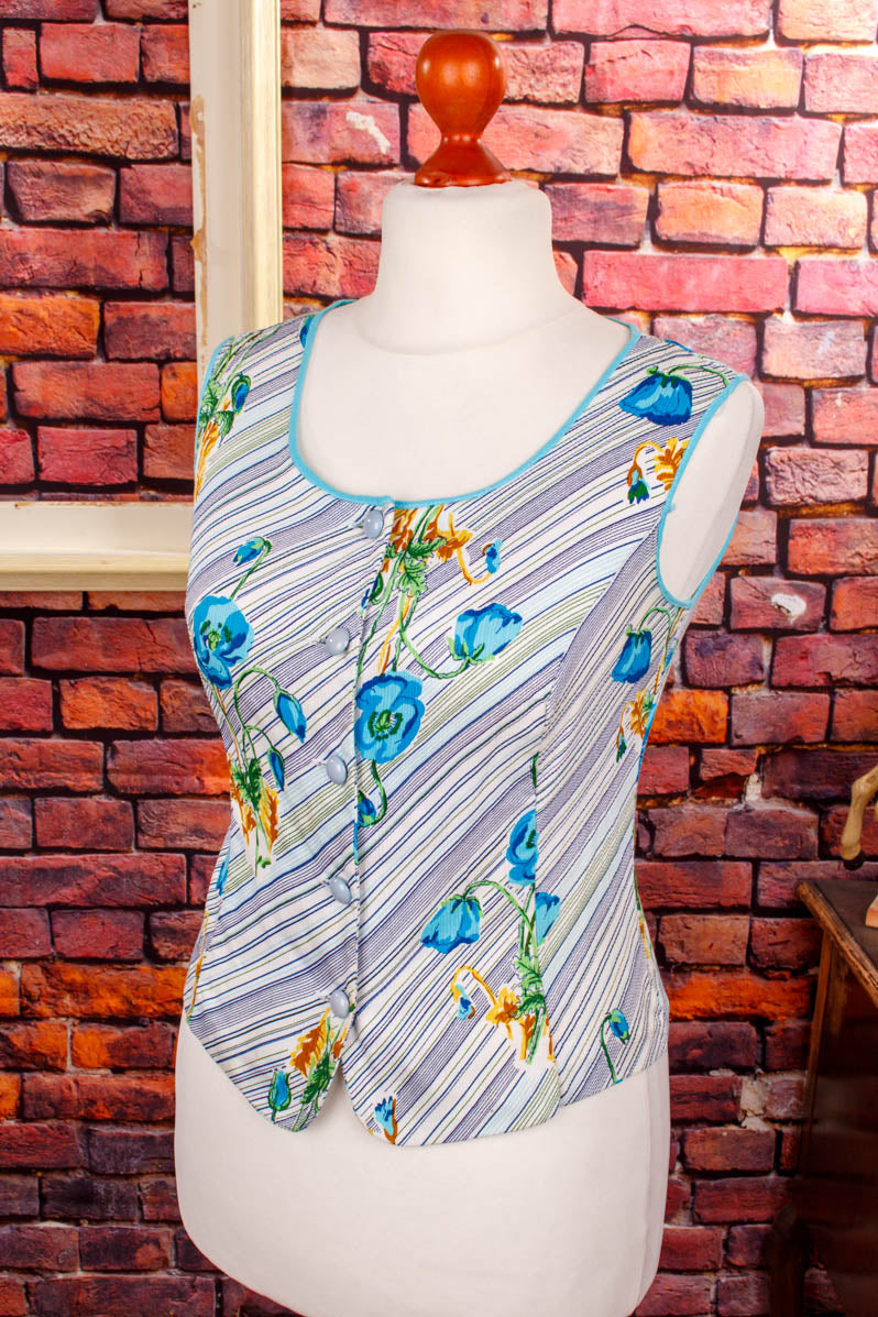70s Top ärmellos türkis Blumen