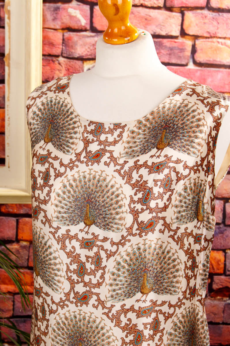 60s Shiftkleid Satin Pfauenmuster