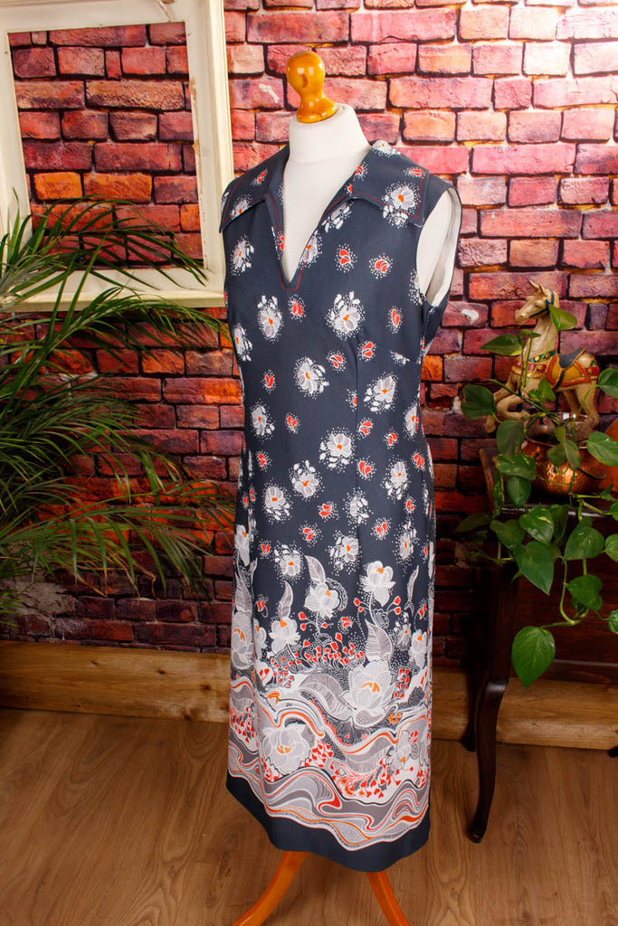 70er Schlagerkleid grau Blumen Default Title 60er 70er Boho Disco Frau grau M 40-42 real-boho real-rockabilly Schlager Special vintageberlin.de
