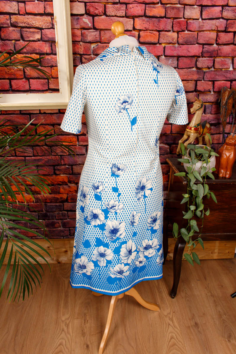 70s Schlagerkleid blau Blumen