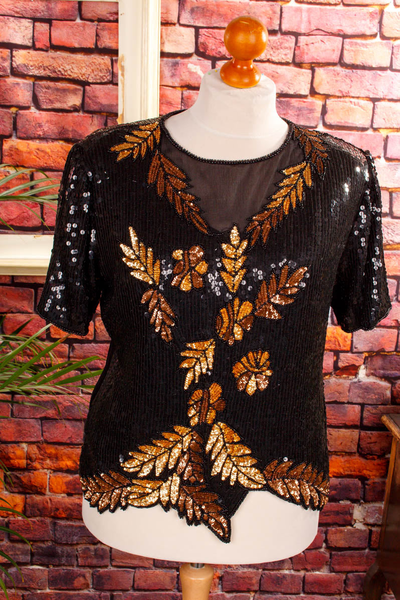 Vintage Paillettentop schwarz gold