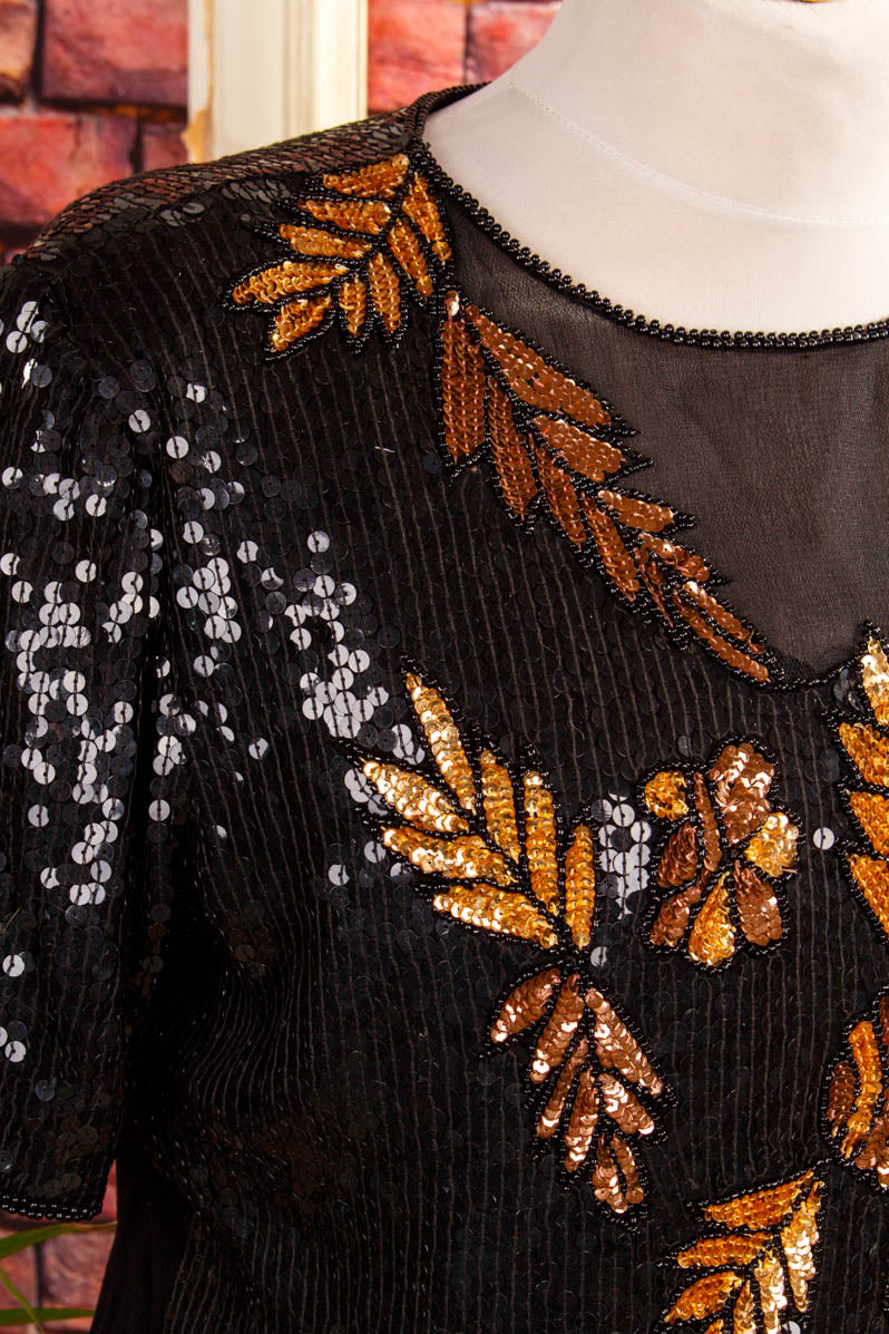 Vintage Paillettentop schwarz gold
