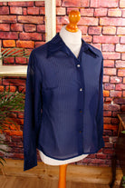 70s Bluse blau Streifen Megakragen