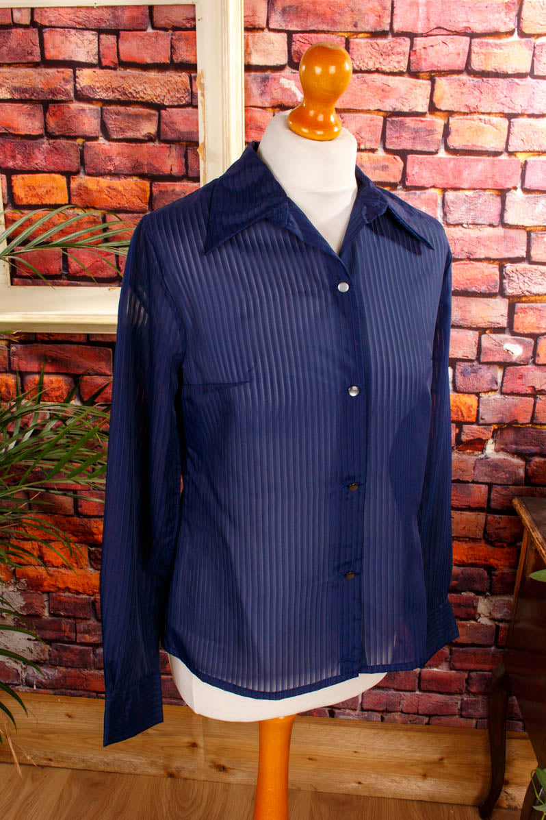 70s Bluse blau Streifen Megakragen