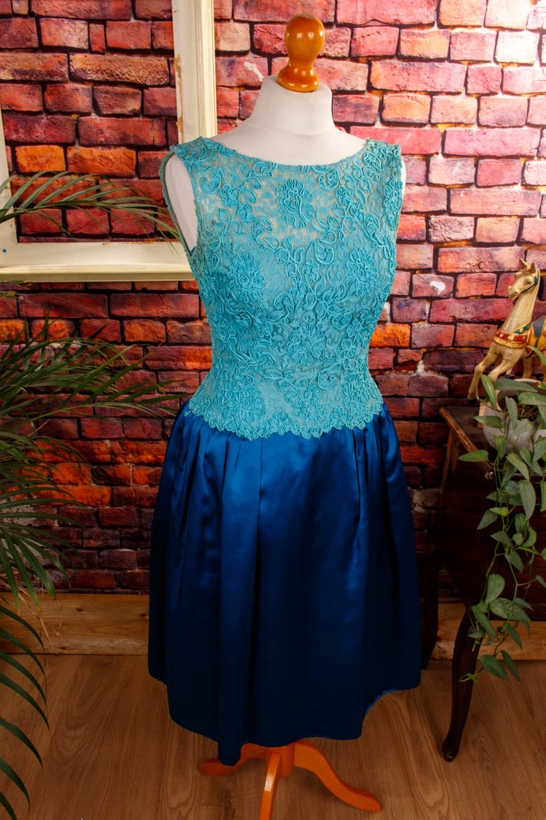 50er Kleid blau Türkis Satin Spitze