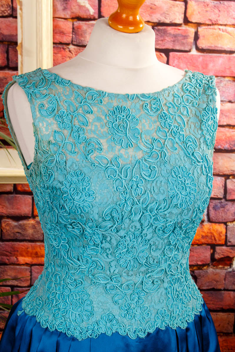 50er Kleid blau Türkis Satin Spitze