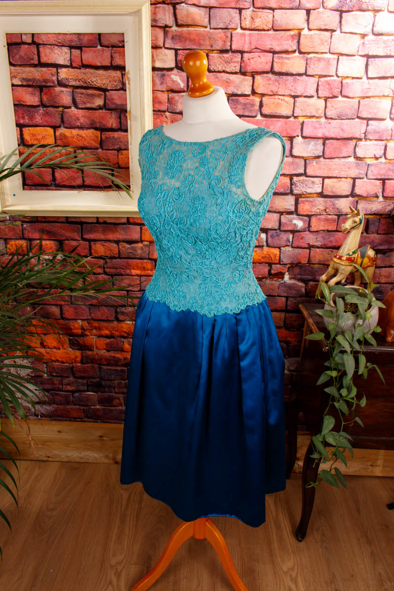 50er Kleid blau Türkis Satin Spitze