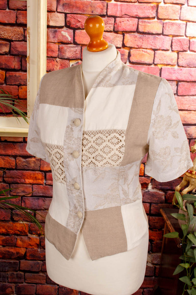Leinenmix Bluse beige Patchwork Default Title 80er 90er beige Boho Frau Rockabilly S 36-38 Sekretärin Special weiß vintageberlin.de