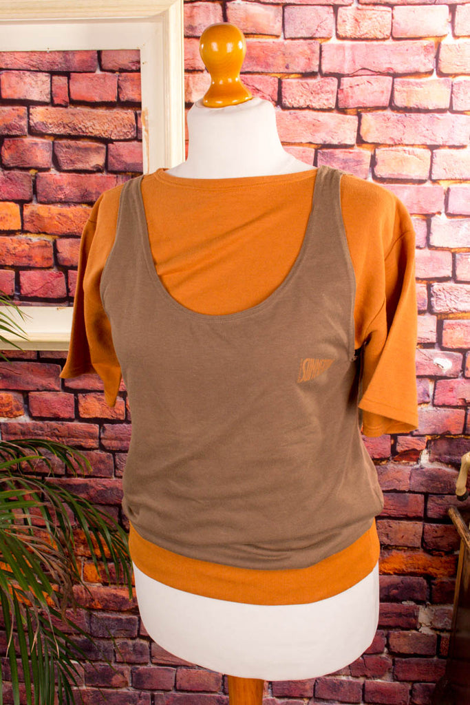 80s lagen-Top senf-beige 80er 90er beige braun Frau gelb M 40-42 Rockabilly S 36-38 Special vintageberlin.de
