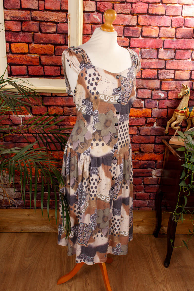 90s Stretchkleid beige Muster