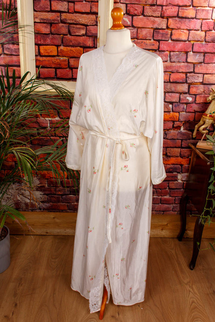 Morgenmantel weiß Blumen 70er 80er Boho Frau L 44-46 M 40-42 real-boho Rockabilly Special vintageberlin.de