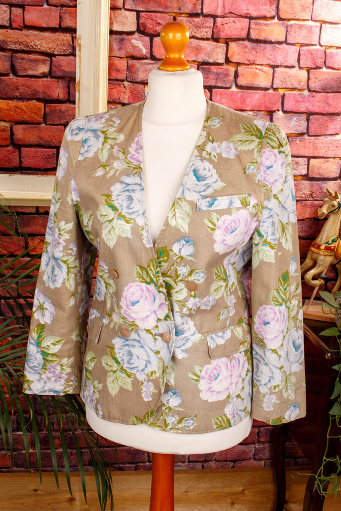 Leinen Blazer bunt Blumen 90er beige Boho bunt Frau M 40-42 Rockabilly S 36-38 Sekretärin Special vintageberlin.de
