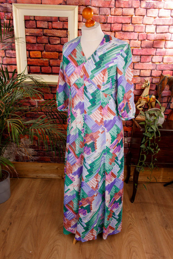 Maxikleid lila grün Kacheln 70er Boho bunt Frau grün Hippie L 44-46 lila real-boho Schlager Special vintageberlin.de