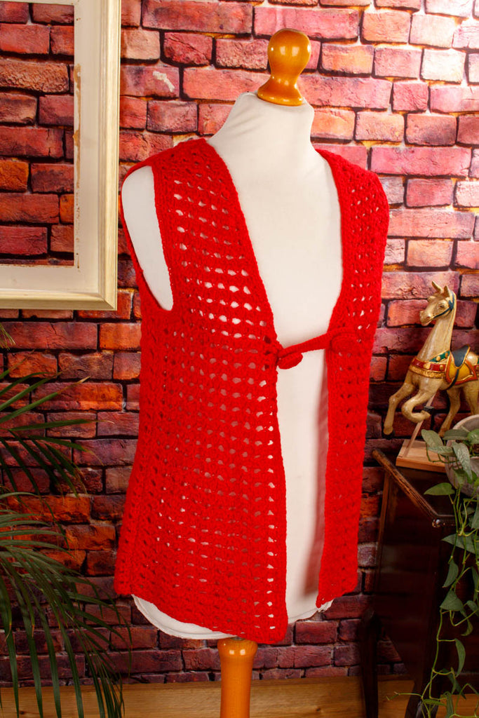 70er Häkelweste rot Wolle 60er 70er Boho Disco Frau Hippie L 44-46 M 40-42 real-boho real-disco rot Schlager Special vintageberlin.de