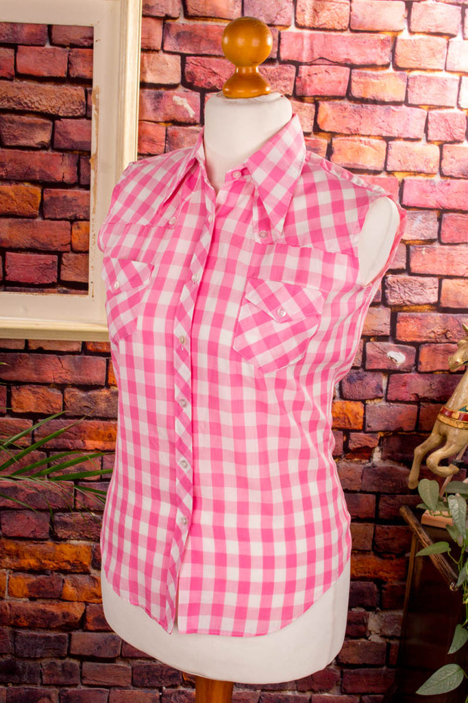 Rockabella Bluse rosa kariert 70er Disco Frau M 40-42 pink real-disco real-rockabilly Rockabilly rosa Special vintageberlin.de