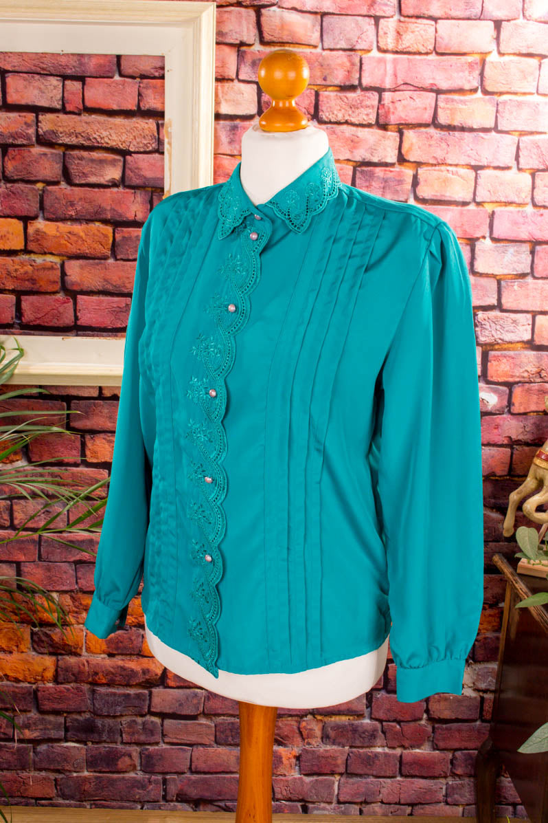 80s Bluse petrol Glanz