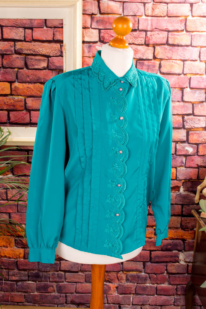 80s Bluse petrol Glanz
