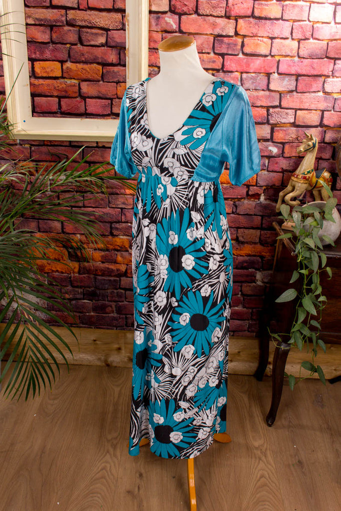 Hippiekleid türkis Muster 60er 70er Boho Disco Frau Hippie M 40-42 real-boho real-disco S 36-38 Schlager Special türkis vintageberlin.de
