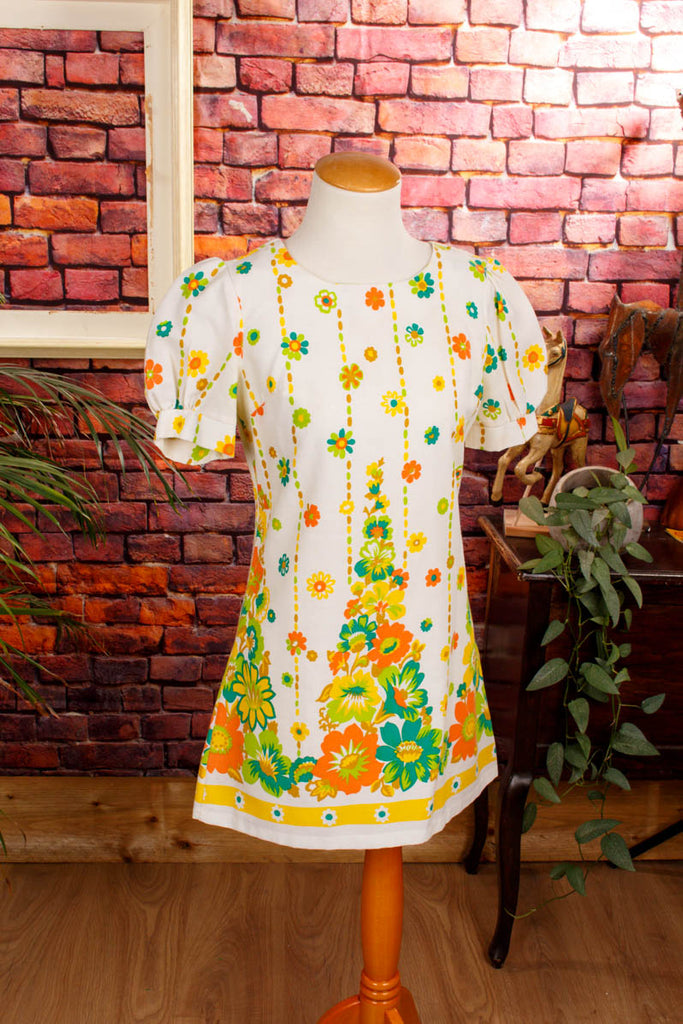 Vintage Minikleid Flower Power 60er 70er Boho bunt Disco Frau Hippie real-boho real-disco real-rockabilly Rockabilly S 36-38 Schlager Special vintageberlin.de