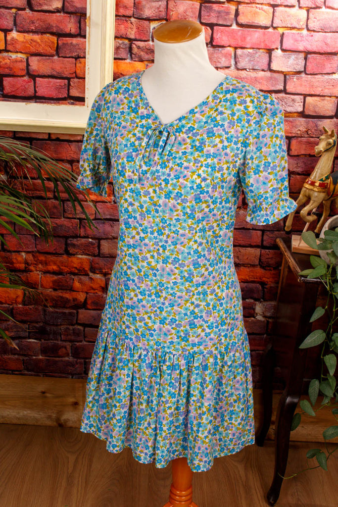 Hippie Minikleid blau Muster 60er 70er blau Boho bunt Disco Frau Hippie real-boho real-disco real-rockabilly Rockabilly S 36-38 Special vintageberlin.de