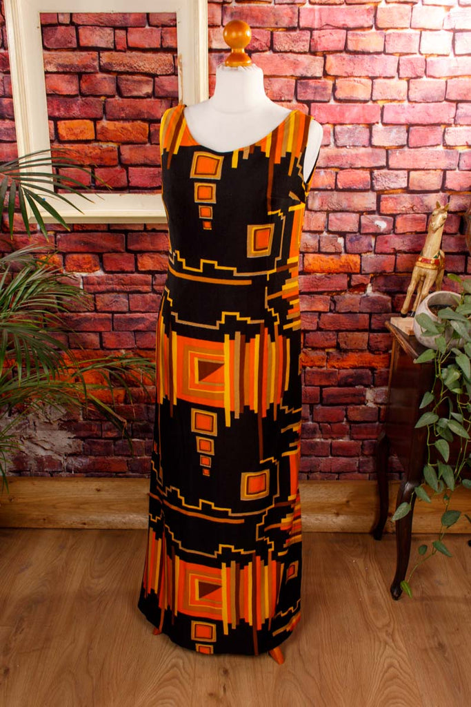 70s Boho Maxikleid orange 60er 70er Boho bunt Disco Frau L 44-46 M 40-42 orange real-boho real-disco Schlager schwarz Special vintageberlin.de