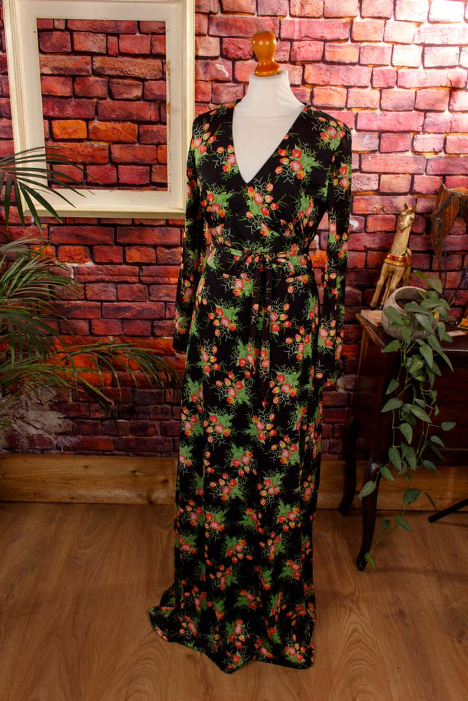 70s Maxikleid schwarz bunt Blumen 70er Abendmode Boho bunt Disco Frau Hippie M 40-42 real-boho real-disco S 36-38 Schlager schwarz Special vintageberlin.de