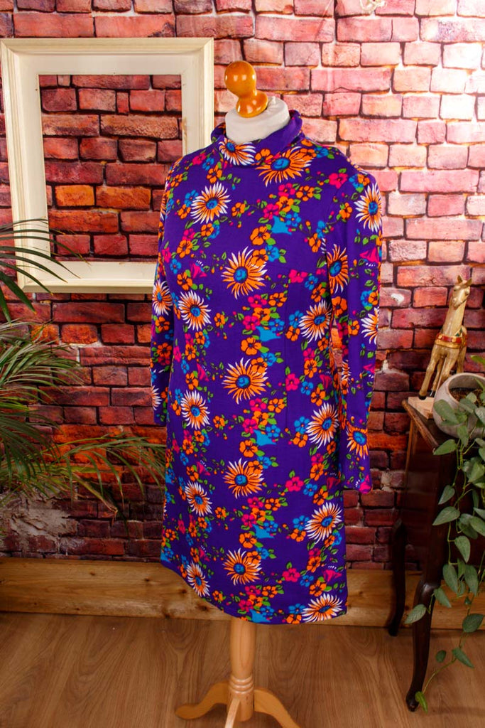 Disco Kleid Flower Power 60er 70er bunt Disco Frau lila M 40-42 real-disco Schlager Special vintageberlin.de