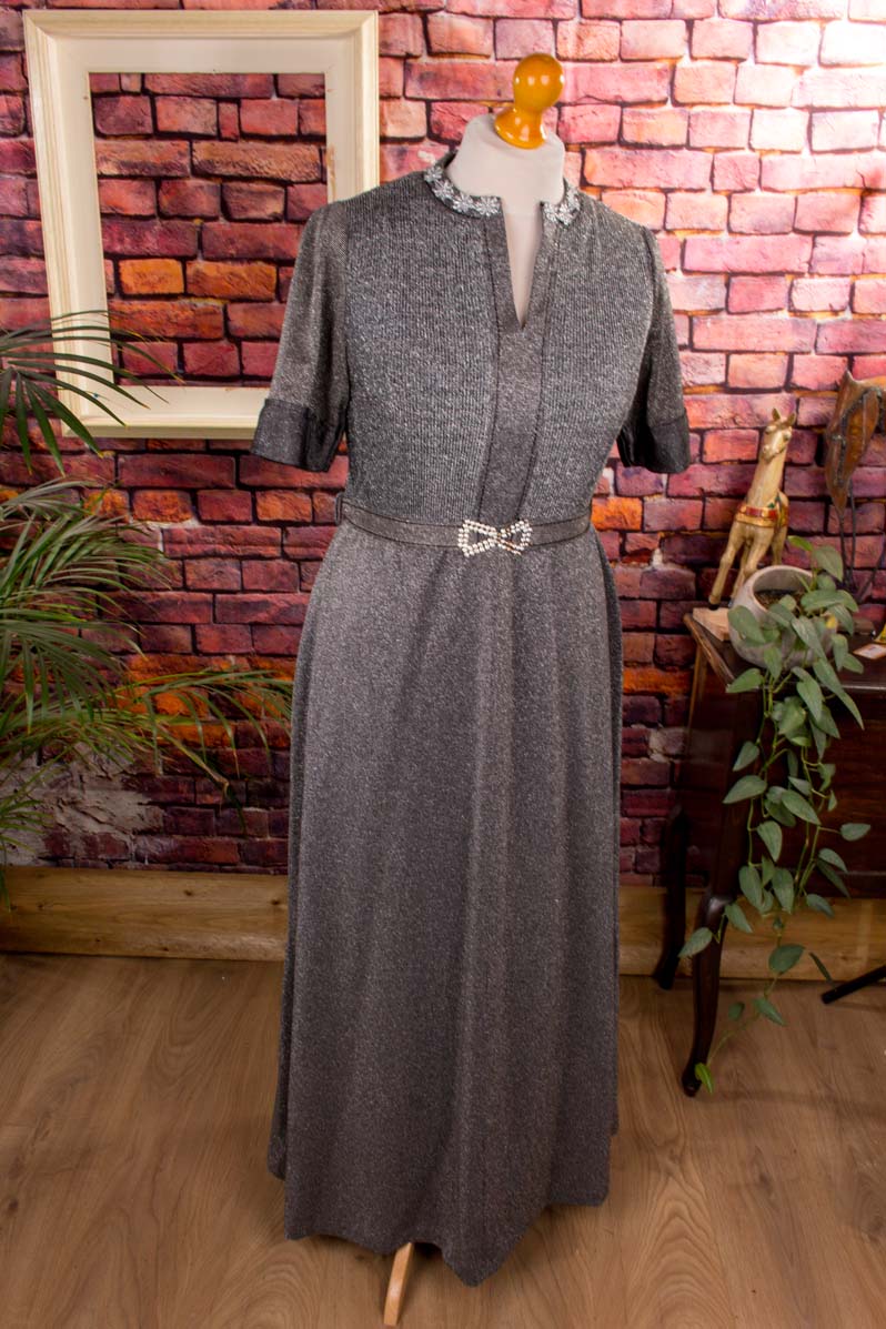 70s Schlager Abendkleid silber Glitzer