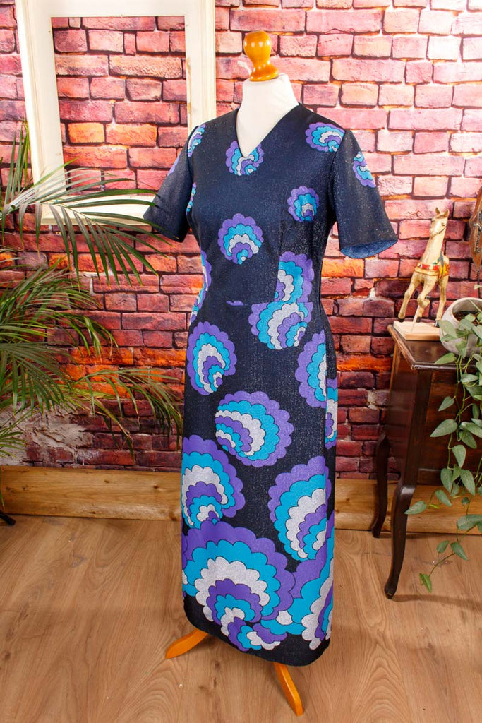 Disco Kleid blau Schlager Wolkenmuster 60er 70er Abendmode blau Disco Frau M 40-42 real-disco Schlager Special vintageberlin.de