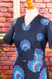 Disco Kleid blau Schlager Wolkenmuster 60er 70er Abendmode blau Disco Frau M 40-42 real-disco Schlager Special vintageberlin.de