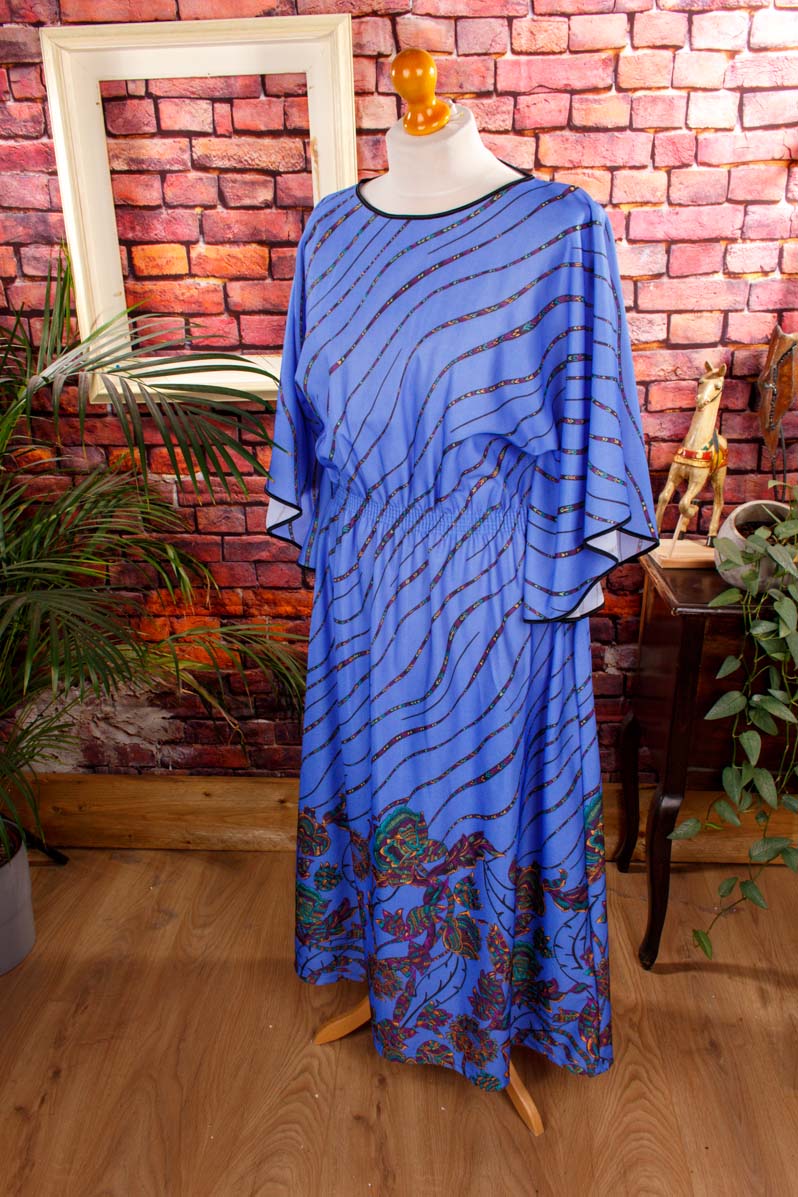 70s Kaftan Maxikleid blau Muster