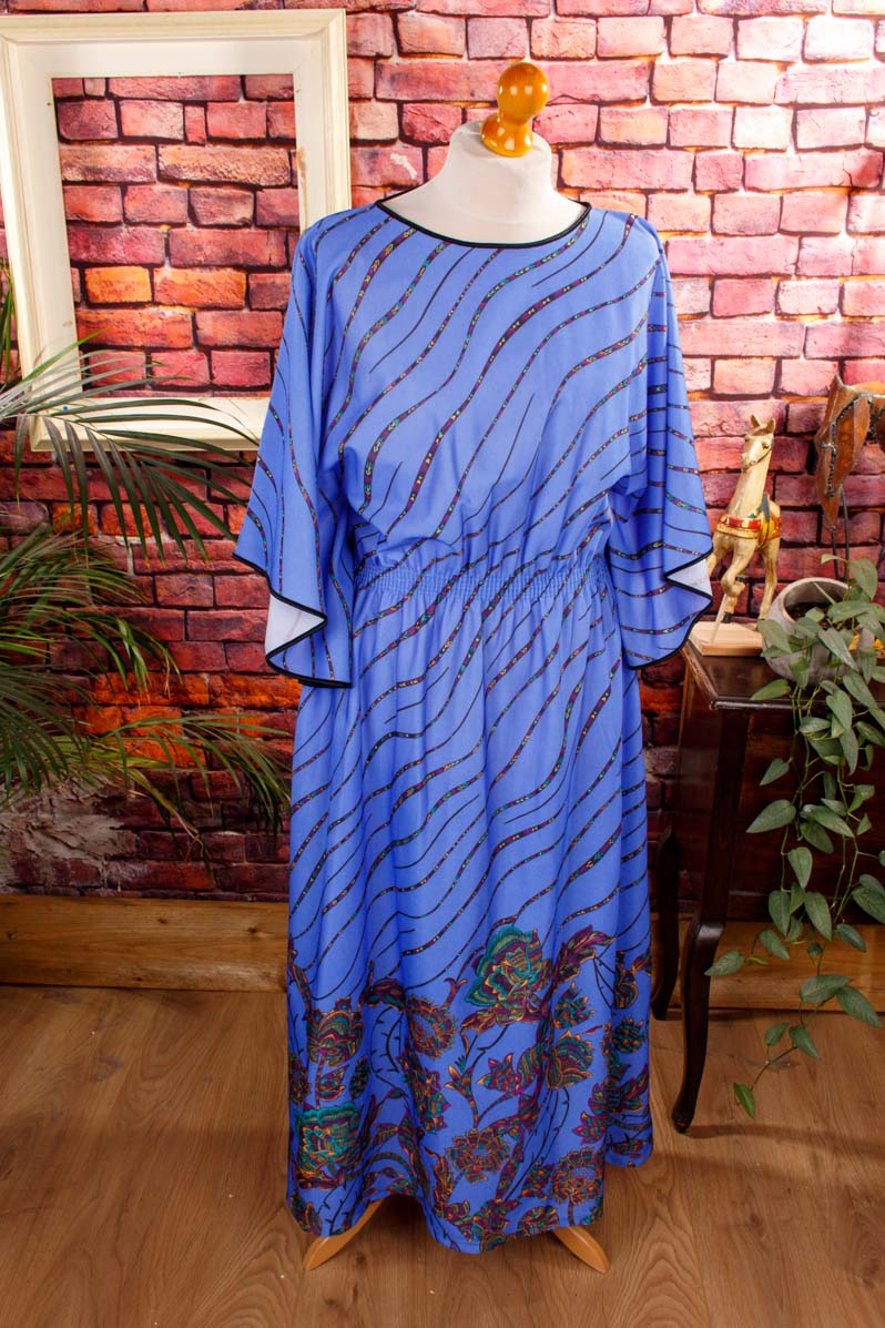 70s Kaftan Maxikleid blau Muster