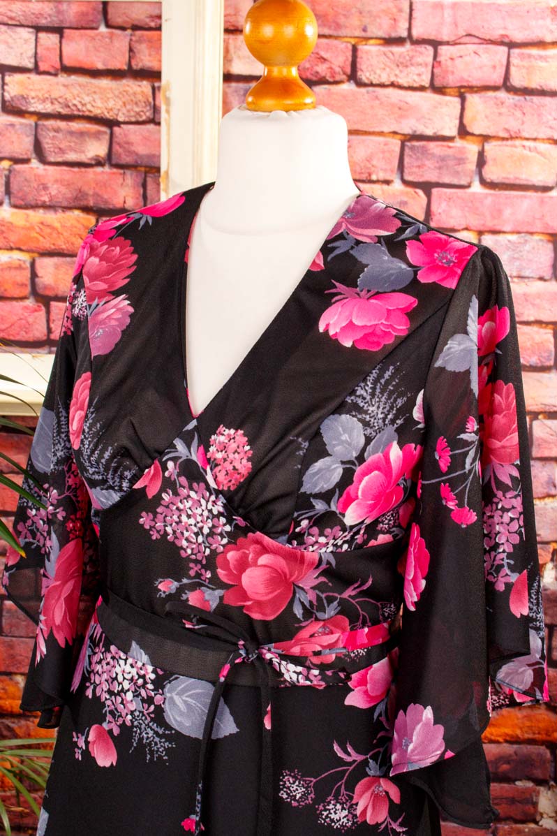70er Boho Maxikleid schwarz pink