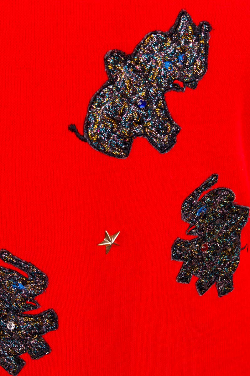 roter Pulli mit Glitzer-Elefanten