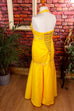extravagantes Abendkleid gelb Perlen